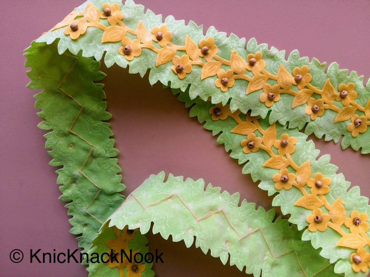 Wholesale Green And Yellow Floral Fabric Trim Ribbon With Wood Beads, Approx. 45mm Wide Decorative Craft Trimming Trim By 9 Yards