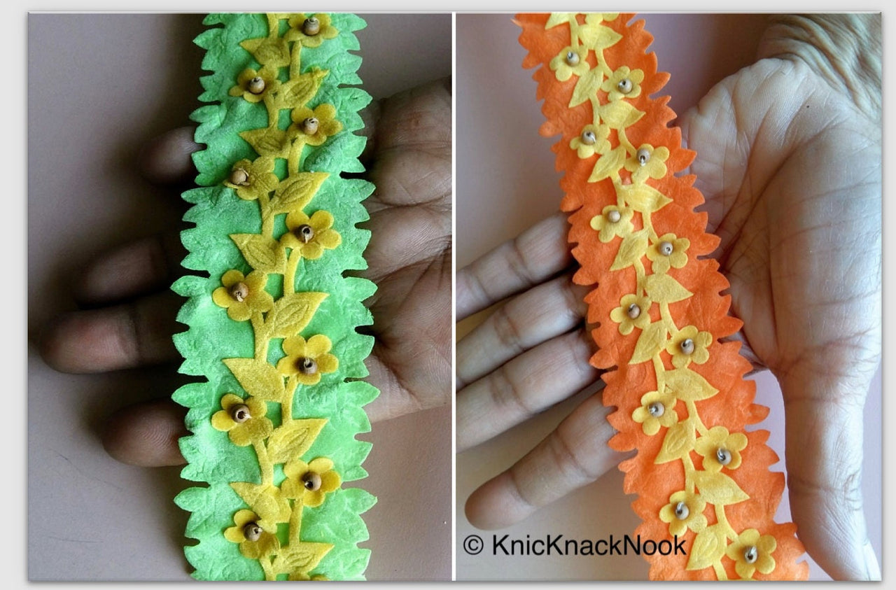 Wholesale Green And Yellow Floral Fabric Trim Ribbon With Wood Beads, Approx. 45mm Wide Decorative Craft Trimming Trim By 9 Yards