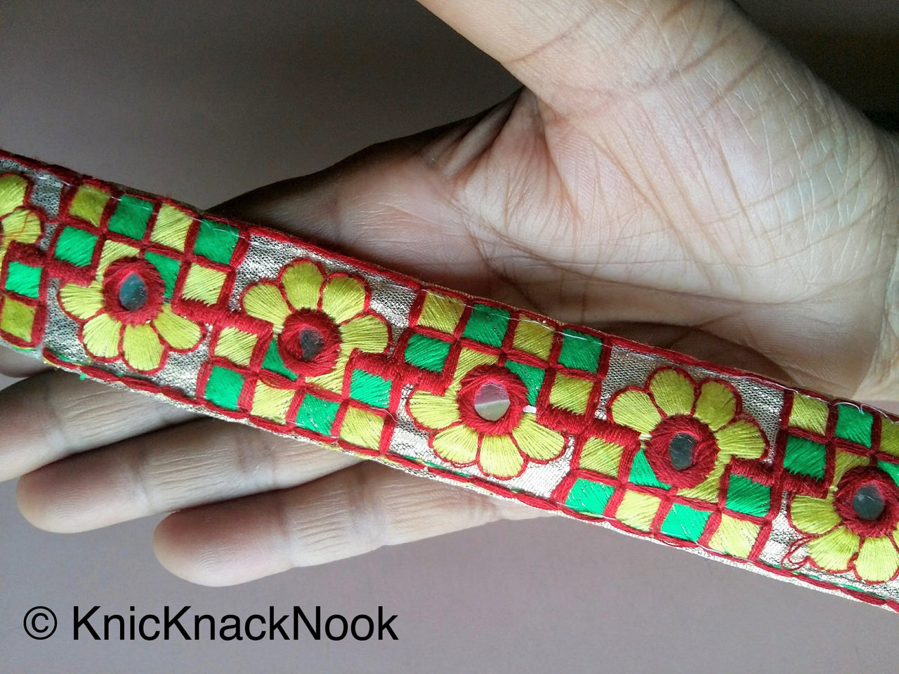 Wholesale Gold Mirrored Fabric Trim With Yellow, Green And Red Floral And Square Embroidery, Approx. 32mm Wide