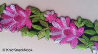 Thumbnail for Wholesale Black Velvet Fabric Trim With Pink And Green Floral Embroidery, 76mm wide, Trim By 9 Yards