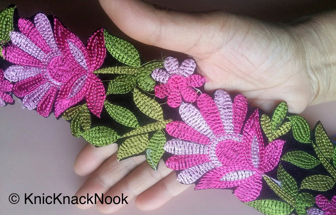 Wholesale Black Velvet Fabric Trim With Pink And Green Floral Embroidery, 76mm wide, Trim By 9 Yards