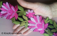 Thumbnail for Wholesale Black Velvet Fabric Trim With Pink And Green Floral Embroidery, 76mm wide, Trim By 9 Yards