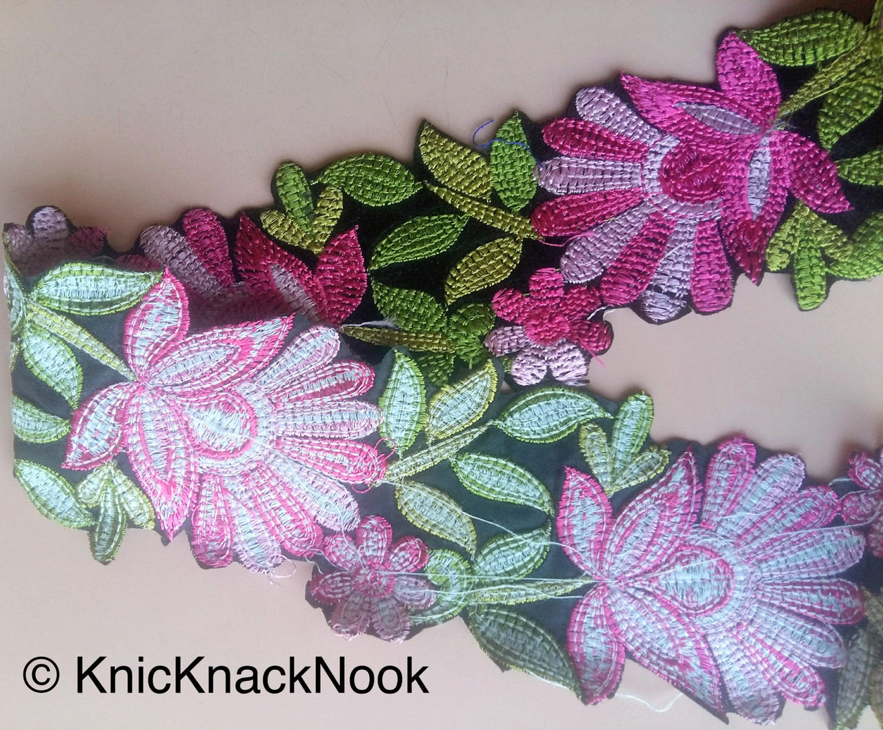 Wholesale Black Velvet Fabric Trim With Pink And Green Floral Embroidery, 76mm wide, Trim By 9 Yards