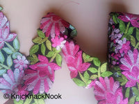 Thumbnail for Wholesale Black Velvet Fabric Trim With Pink And Green Floral Embroidery, 76mm wide, Trim By 9 Yards