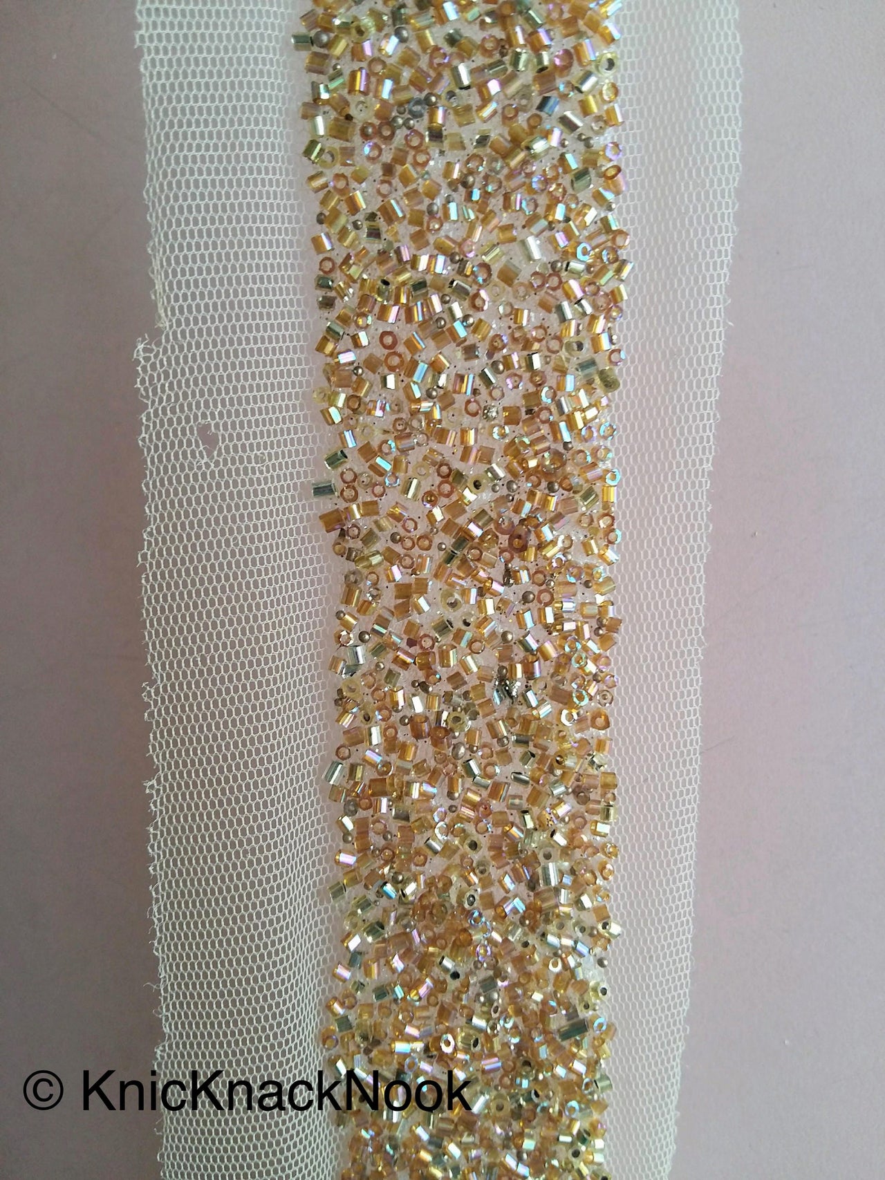 Wholesale Beige Net Trim With Gold / Copper Beads Embellishments - 200317L199/ 200