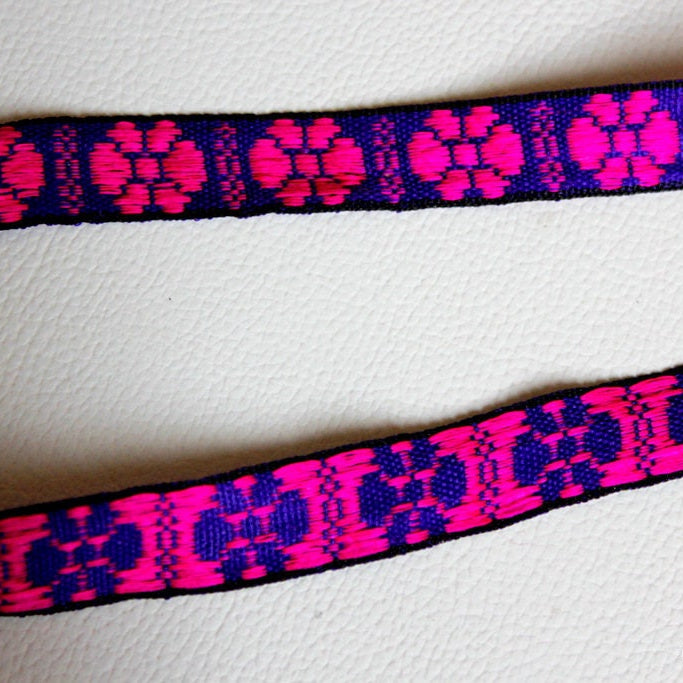 Blue Fabric Trim With Fuchsia Pink Floral Embroidery Thread Lace Trim, 15mm wide - 140316L65