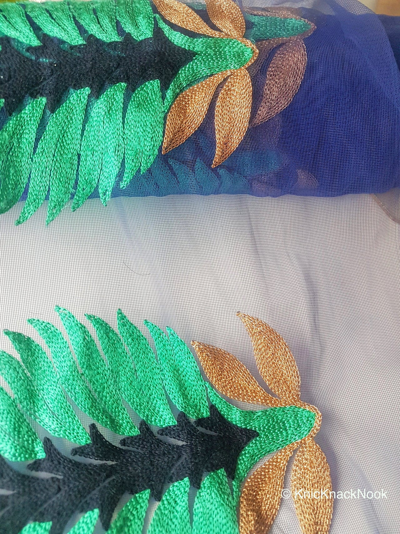 Wholesale Blue Soft Net Lace Trim With  Blue, Green And Gold Embroidered Leaves, Indian Trims