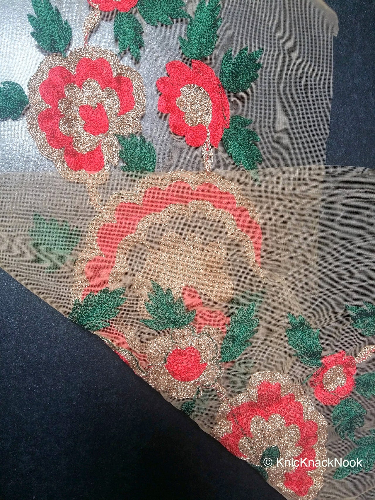 Wholesale Beige Soft Net Lace Trim With Red, Green And Gold Floral Embroidery, Indian Trims