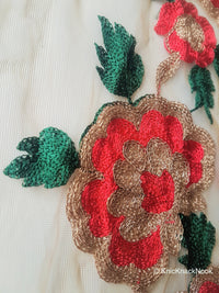 Thumbnail for Wholesale Beige Soft Net Lace Trim With Red, Green And Gold Floral Embroidery, Indian Trims