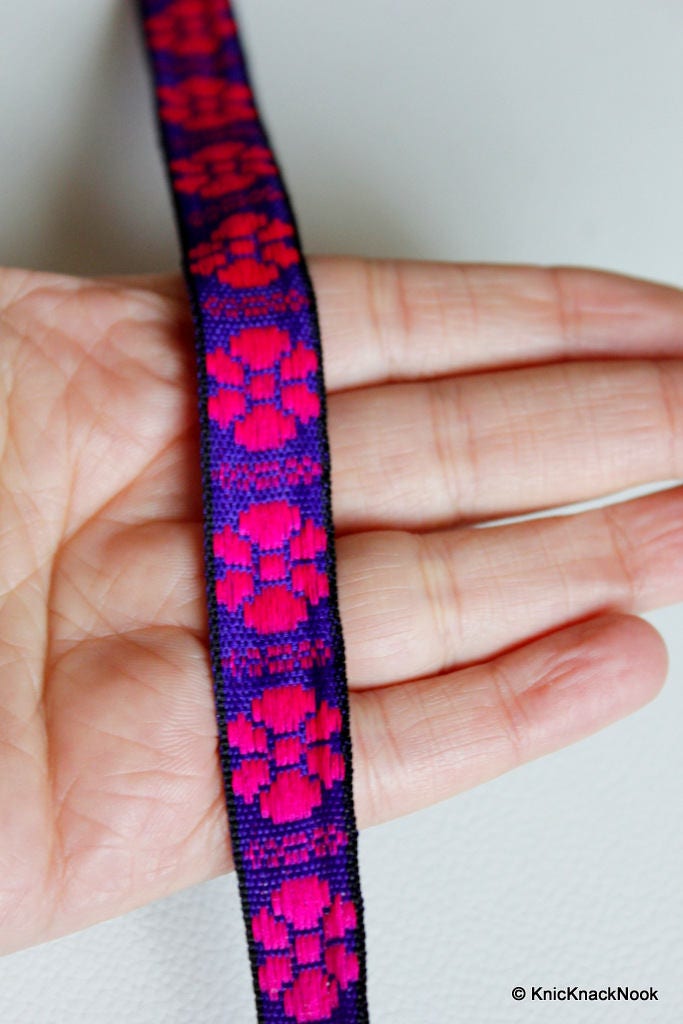 Blue Fabric Trim With Fuchsia Pink Floral Embroidery Thread Lace Trim, 15mm wide - 140316L65