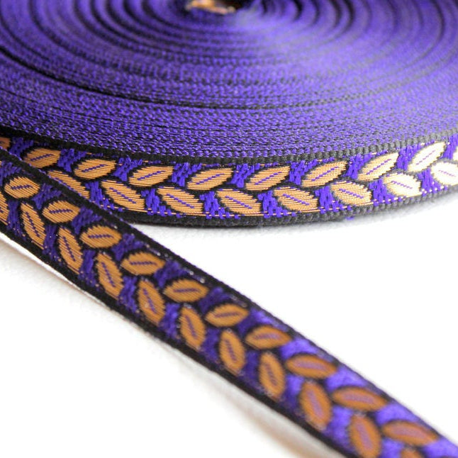 Black Fabric Trim With Blue And Gold Leaves Embroidery Thread Lace Trim, 15mm wide - 140316L66