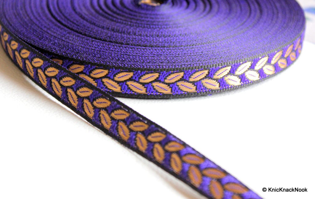 Wholesale Black Fabric Trim With Blue And Gold Leaves Embroidery Thread Lace Trim, 15mm wide - 140316L66