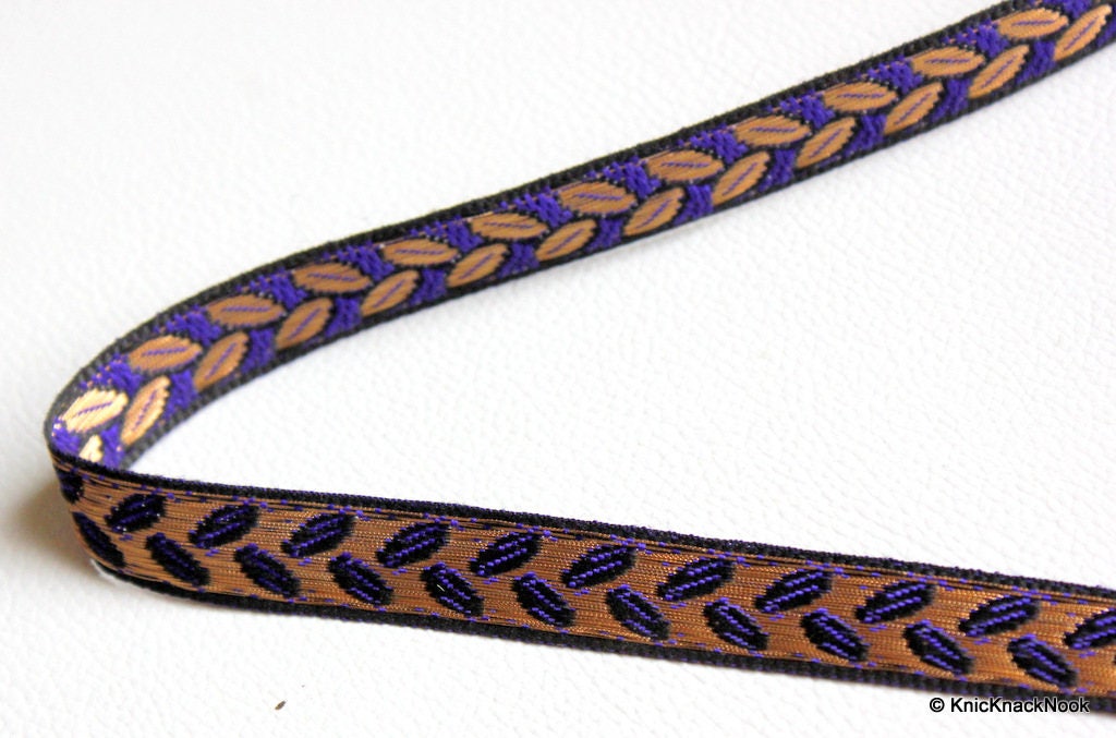 Wholesale Black Fabric Trim With Blue And Gold Leaves Embroidery Thread Lace Trim, 15mm wide - 140316L66