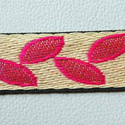 Wholesale Beige, Pink And White Floral And Leaves Jacquard Fabric Lace Trim, Approx. 25mm Wide