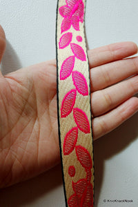 Thumbnail for Wholesale Beige, Pink And White Floral And Leaves Jacquard Fabric Lace Trim, Approx. 25mm Wide