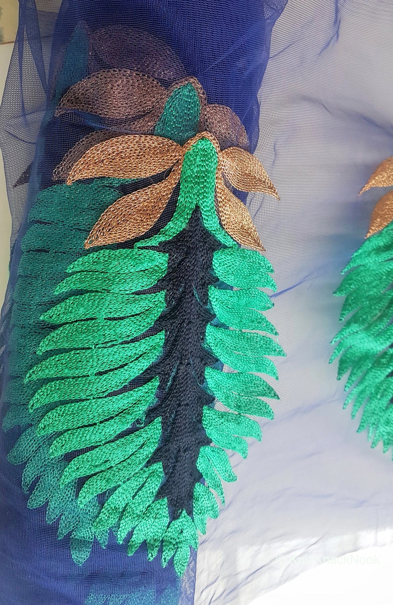 Wholesale Blue Soft Net Lace Trim With  Blue, Green And Gold Embroidered Leaves, Indian Trims