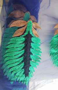 Thumbnail for Wholesale Blue Soft Net Lace Trim With  Blue, Green And Gold Embroidered Leaves, Indian Trims