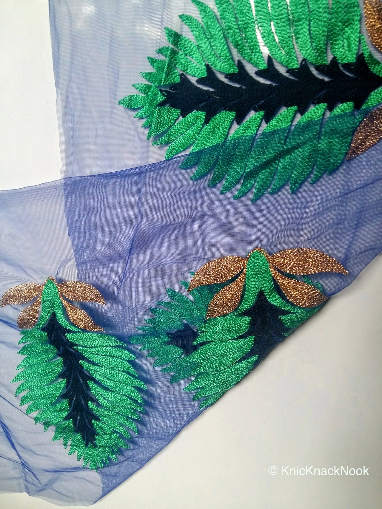 Wholesale Blue Soft Net Lace Trim With  Blue, Green And Gold Embroidered Leaves, Indian Trims