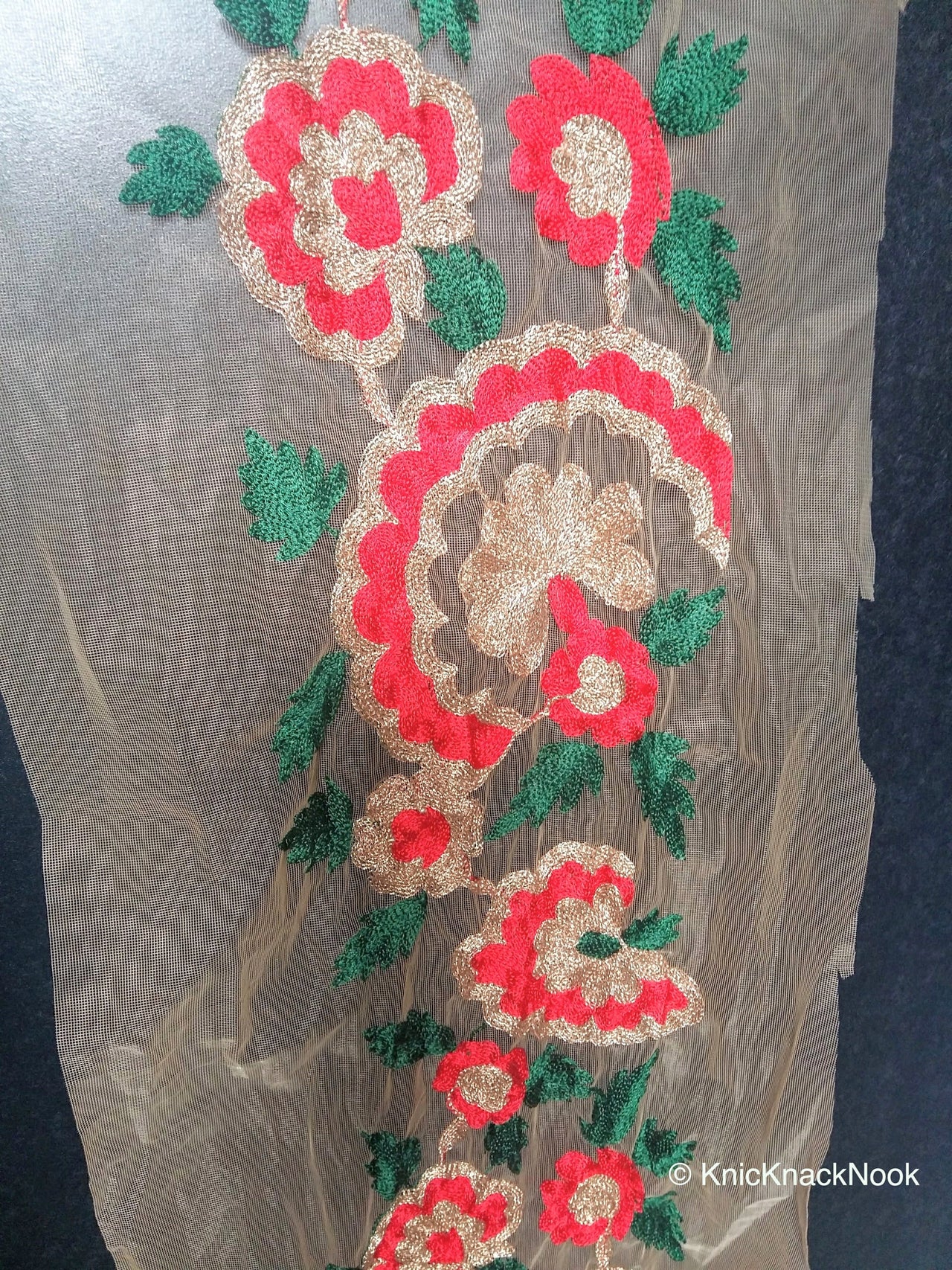 Wholesale Beige Soft Net Lace Trim With Red, Green And Gold Floral Embroidery, Indian Trims