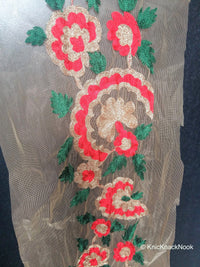 Thumbnail for Wholesale Beige Soft Net Lace Trim With Red, Green And Gold Floral Embroidery, Indian Trims