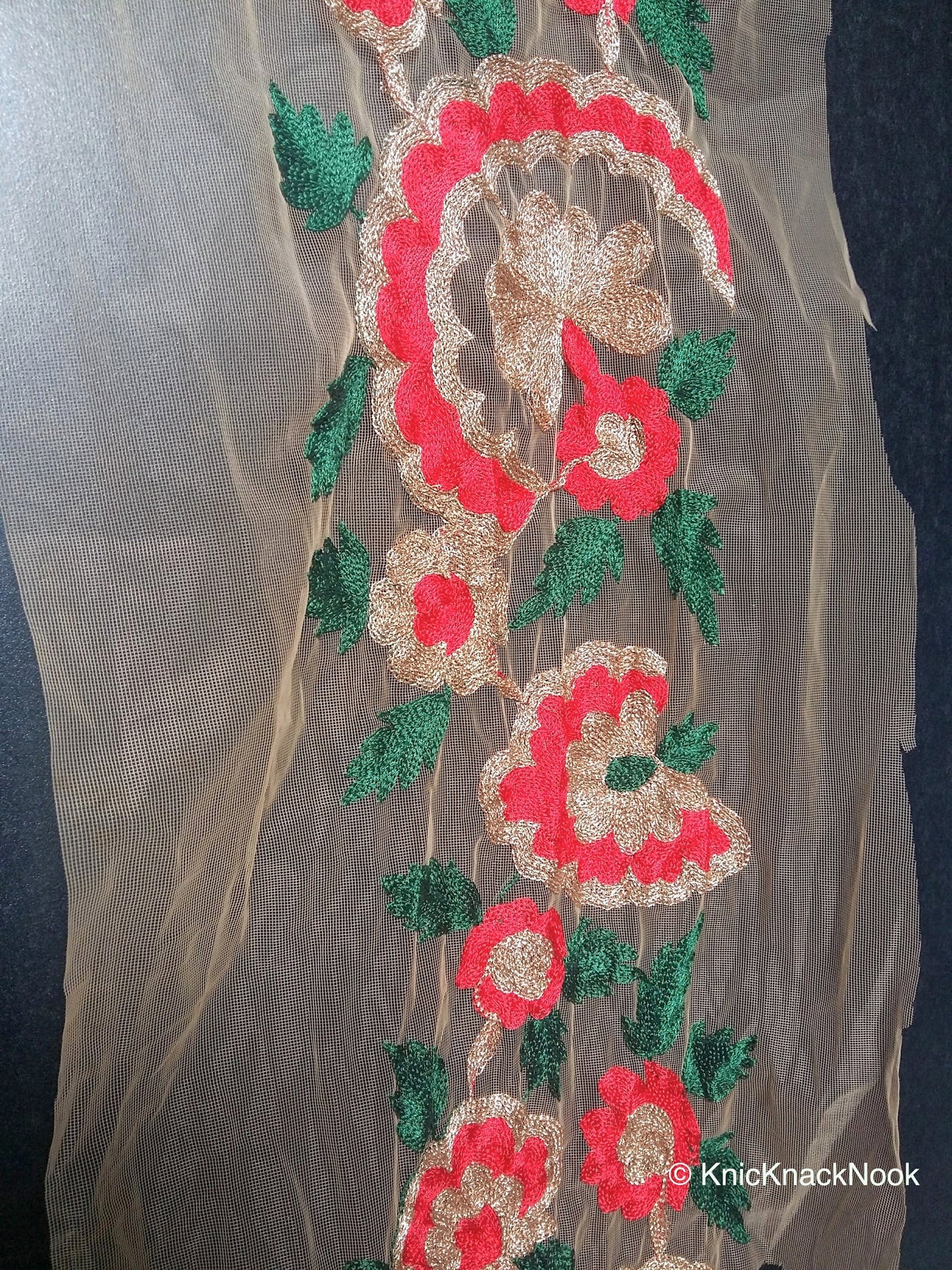 Wholesale Beige Soft Net Lace Trim With Red, Green And Gold Floral Embroidery, Indian Trims