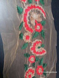 Thumbnail for Wholesale Beige Soft Net Lace Trim With Red, Green And Gold Floral Embroidery, Indian Trims