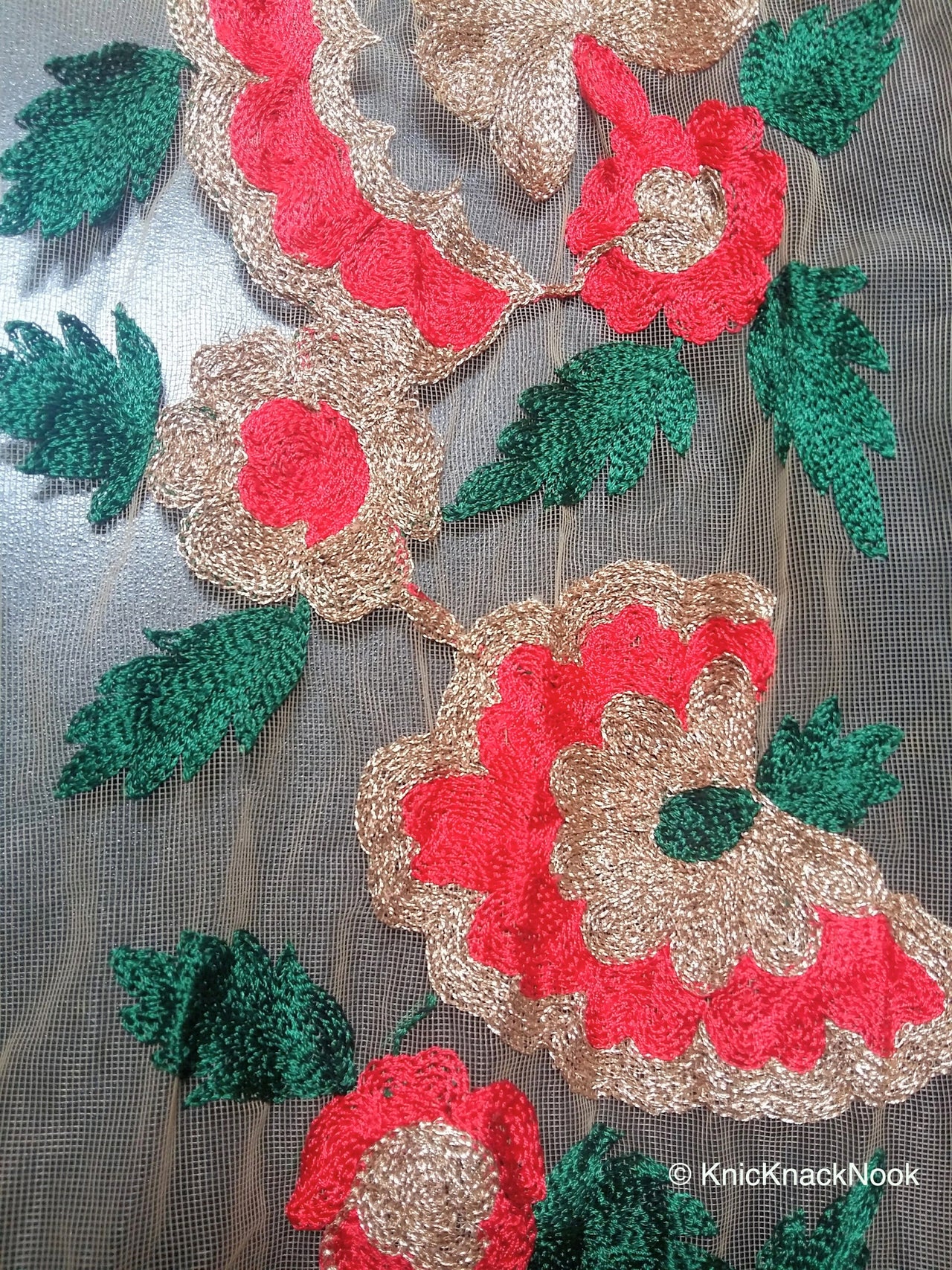 Wholesale Beige Soft Net Lace Trim With Red, Green And Gold Floral Embroidery, Indian Trims