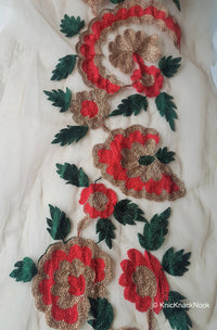 Thumbnail for Wholesale Beige Soft Net Lace Trim With Red, Green And Gold Floral Embroidery, Indian Trims