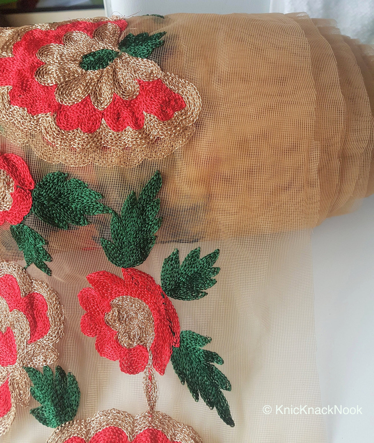 Wholesale Beige Soft Net Lace Trim With Red, Green And Gold Floral Embroidery, Indian Trims