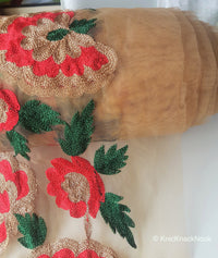 Thumbnail for Wholesale Beige Soft Net Lace Trim With Red, Green And Gold Floral Embroidery, Indian Trims