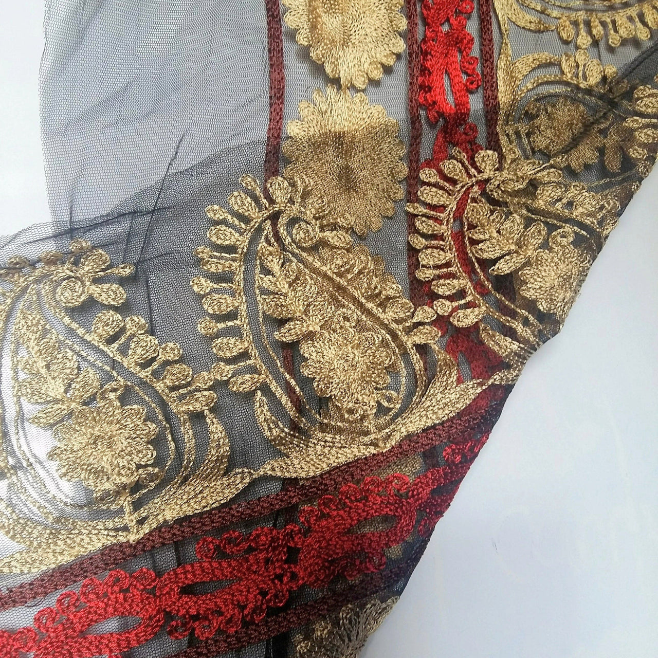 Black Soft Net Lace Trim With Red, Beige And Brown Floral And Paisley Embroidery, Indian Trims