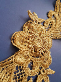 Thumbnail for Antique Gold / Bronze Tone Crochet Thread Fabric Applique With Leaves and Flowers, Flower Applique - 200317A86