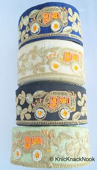 Thumbnail for Beige / Sage Green / Black/ Blue Silk Trim With Intricate Gold Embroidered Flowers and Car with Orange And White Beads, Approx. 64mm wide