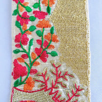 Thumbnail for Beige Fabric Trim With Intricate Floral And Trees Embroidery In Gold, Red, Green And Orange Thread