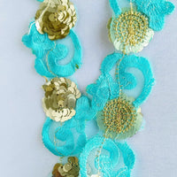 Thumbnail for Blue Lace Trim, Tissue Fabric Cutwork With Floral Embroidery & Gold Sequins, Indian Embroidery 