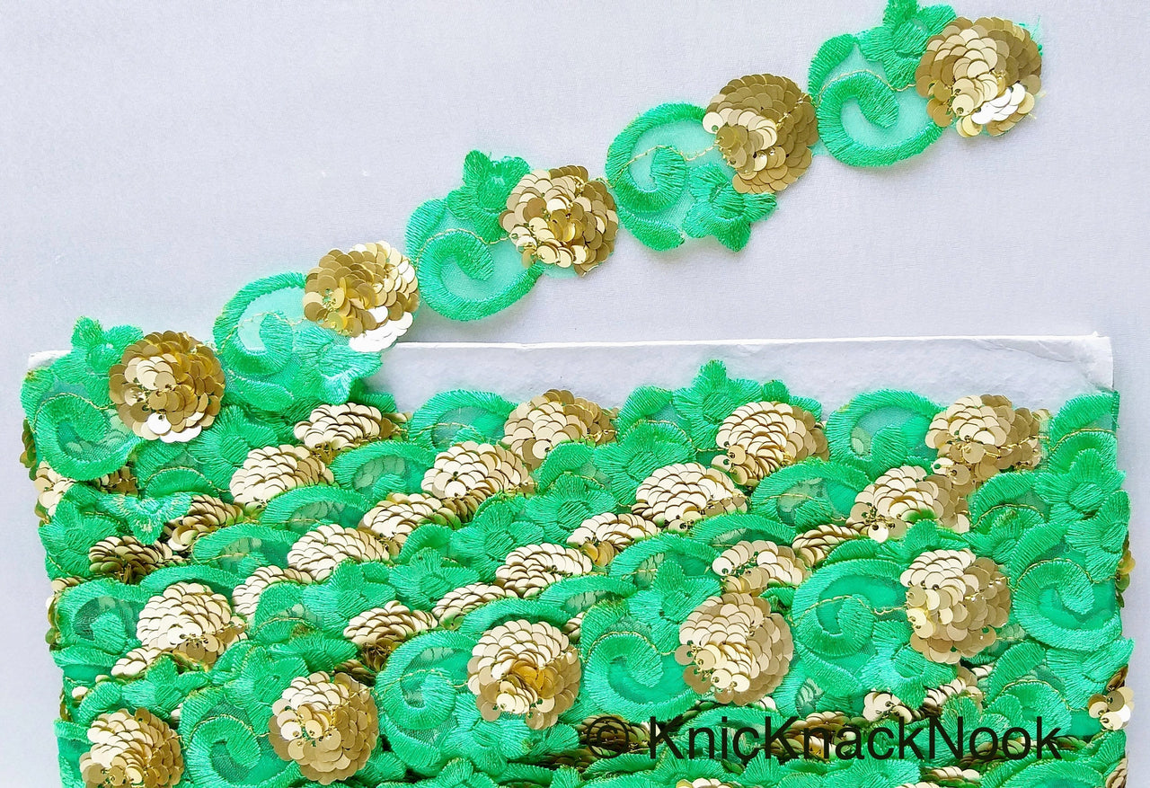 Green Lace Trim, Tissue Fabric Cutwork With Floral Embroidery & Gold Sequins, 