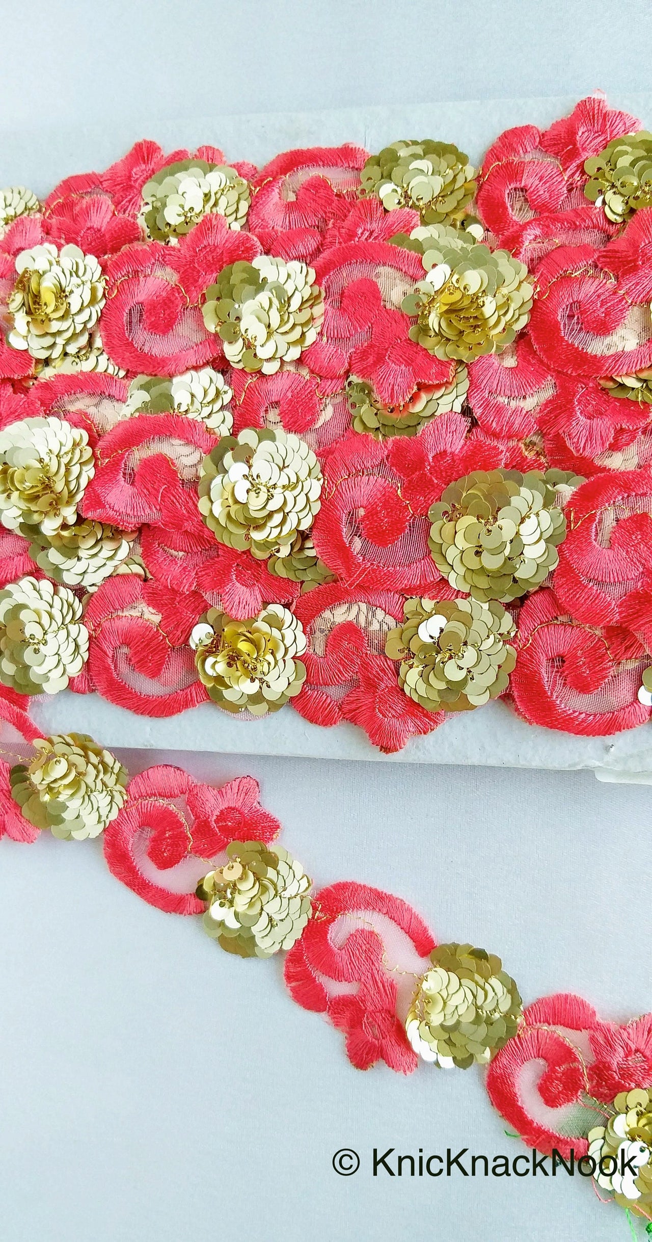 Red Lace Trim, Tissue Fabric Cutwork With Floral Embroidery & Gold Sequins, 