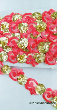 Thumbnail for Red Lace Trim, Tissue Fabric Cutwork With Floral Embroidery & Gold Sequins, 