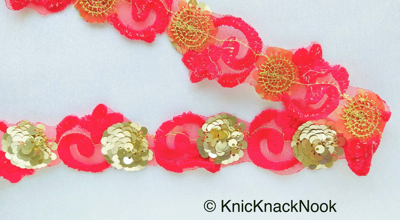 Red Lace Trim, Tissue Fabric Cutwork With Floral Embroidery & Gold Sequins, 