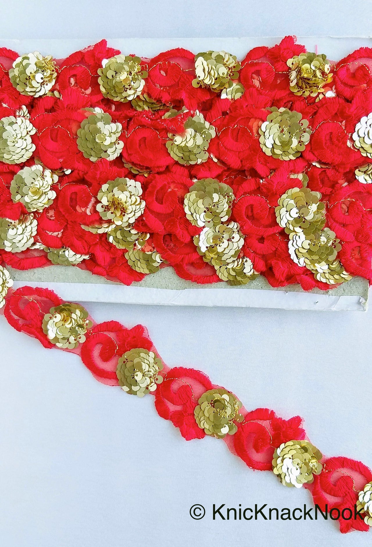 Red Lace Trim, Tissue Fabric Cutwork With Floral Embroidery & Gold Sequins, 