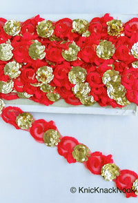 Thumbnail for Red Lace Trim, Tissue Fabric Cutwork With Floral Embroidery & Gold Sequins, 