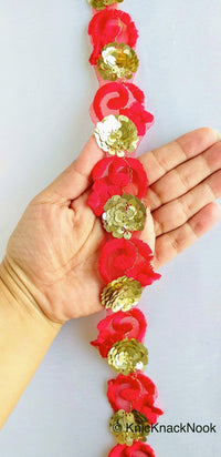 Thumbnail for Red Lace Trim, Tissue Fabric Cutwork With Floral Embroidery & Gold Sequins, 