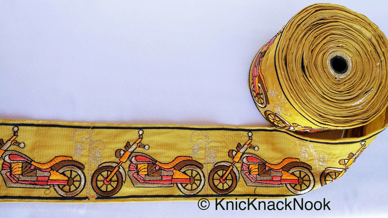 Wholesale Beige Fabric trim with Embroidered Motor Bikes - Brown, Orange, Light Gold & Pink Approx 80 mm Indian Decorative Trim Craft Ribbon