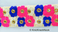 Thumbnail for Wholesale Blue And Pink Embroidered Mirrored Net Lace Trim, Floral Embroidery, Approx. 70mm wide