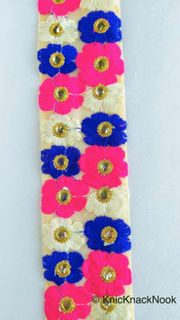 Thumbnail for Wholesale Blue And Pink Embroidered Mirrored Net Lace Trim, Floral Embroidery, Approx. 70mm wide