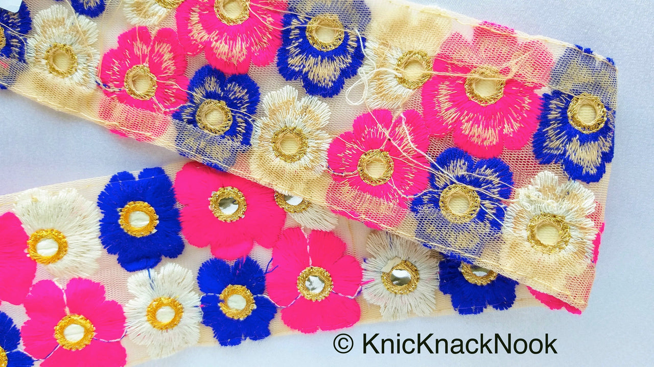 Wholesale Blue And Pink Embroidered Mirrored Net Lace Trim, Floral Embroidery, Approx. 70mm wide