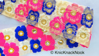 Thumbnail for Wholesale Blue And Pink Embroidered Mirrored Net Lace Trim, Floral Embroidery, Approx. 70mm wide