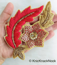 Thumbnail for Floral Appliques With Sequins, Zardozi Appliqué Patch In Red And Gold Flowers & Red / Yellow / Coral / Mint Green Leaf Embroidery