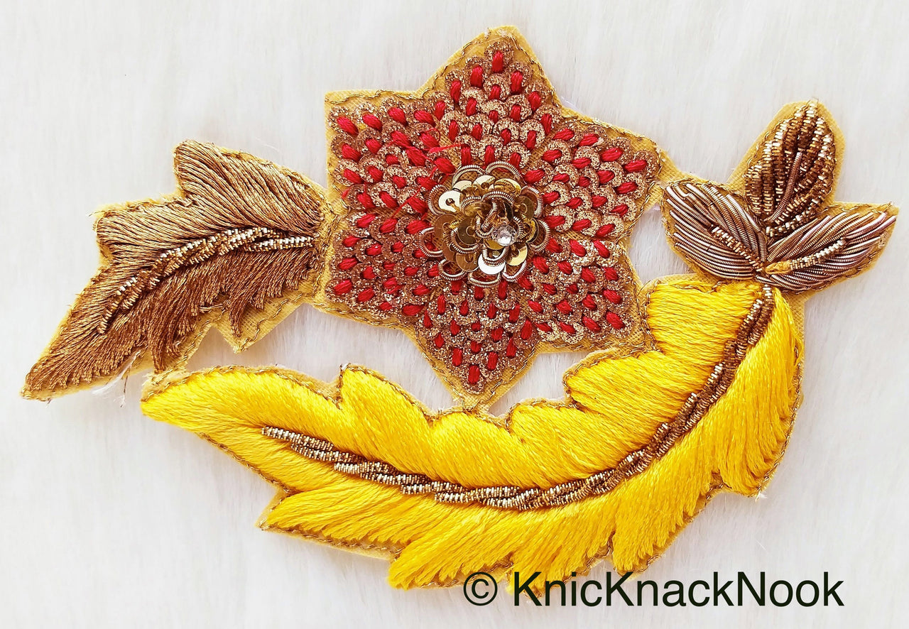 Floral Appliques With Sequins, Zardozi Appliqué Patch In Red And Gold Flowers & Red / Yellow / Coral / Mint Green Leaf Embroidery