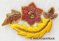 Thumbnail for Floral Appliques With Sequins, Zardozi Appliqué Patch In Red And Gold Flowers & Red / Yellow / Coral / Mint Green Leaf Embroidery